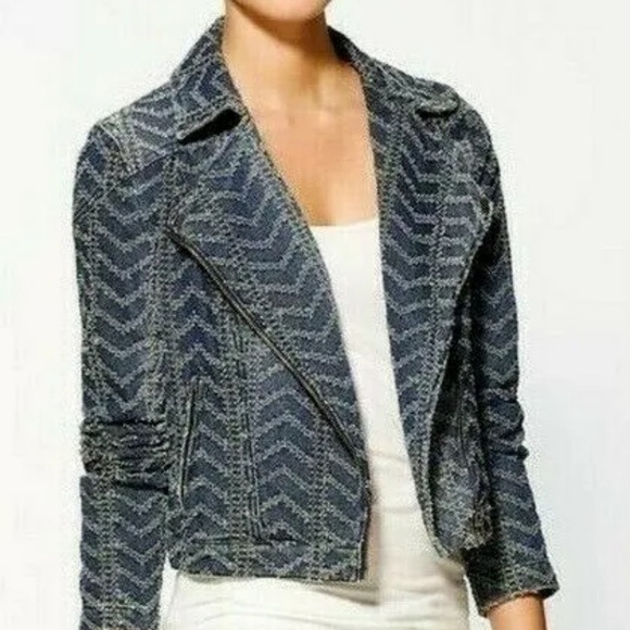 Free People Punched Denim Moto Herringbone Blue Jean Jacket Size 6 - Picture 8 of 16